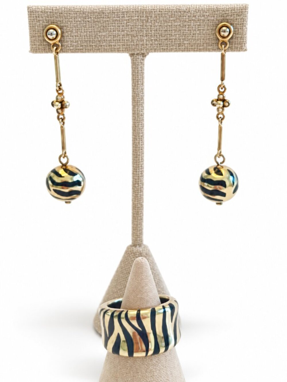 Sterling Silver & Gold/Black Color Striped Animal Print Earrings w/Ring